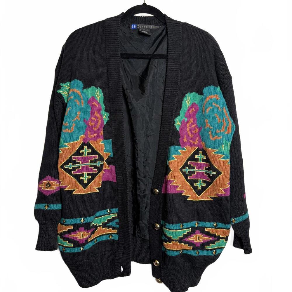 Vintage Aztec Tribal Print Oversize Black Cardigan‎